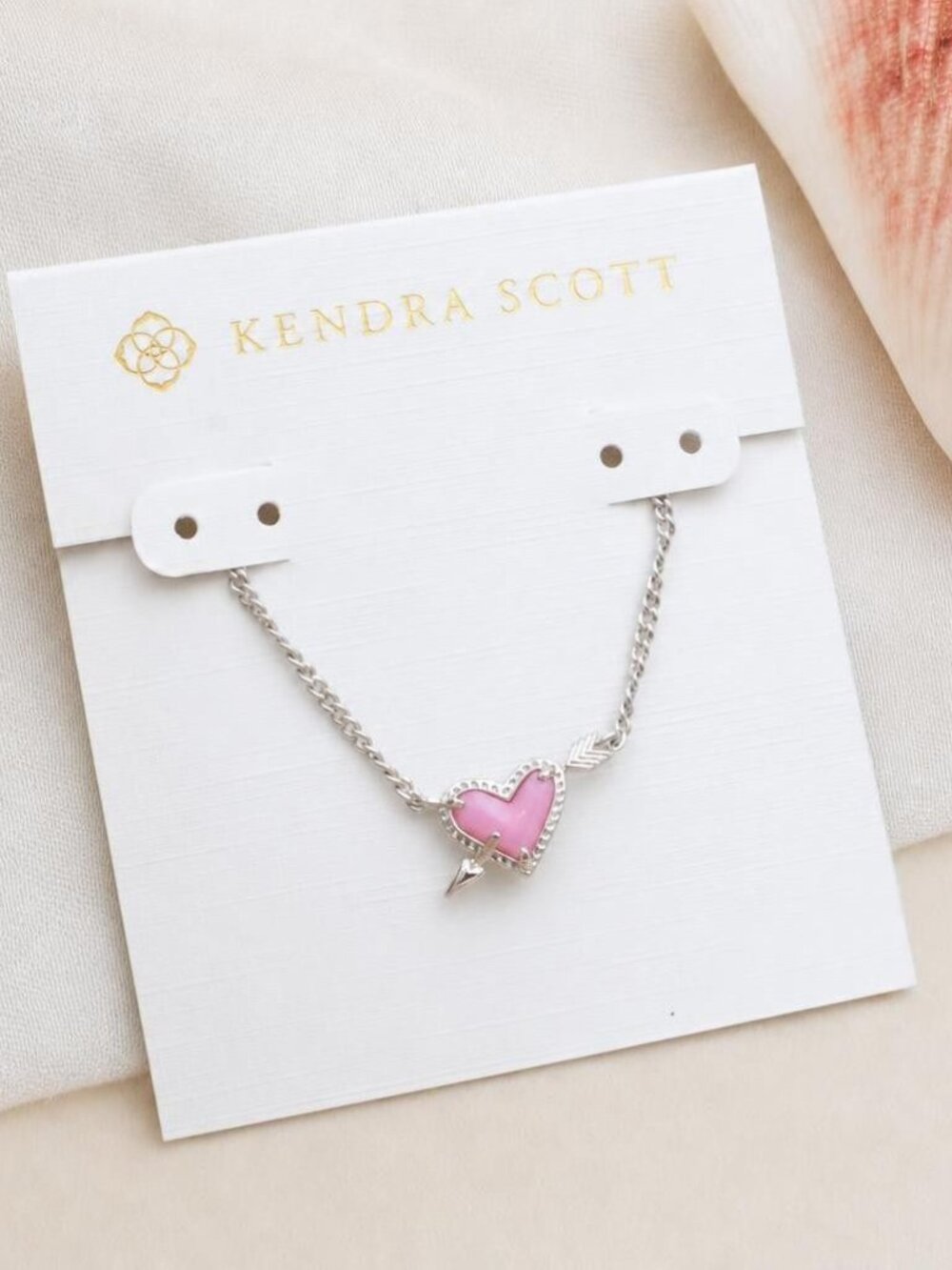 Kendra Scott Ari Heart Arrow Silver Pink Opalescent Resin Necklace